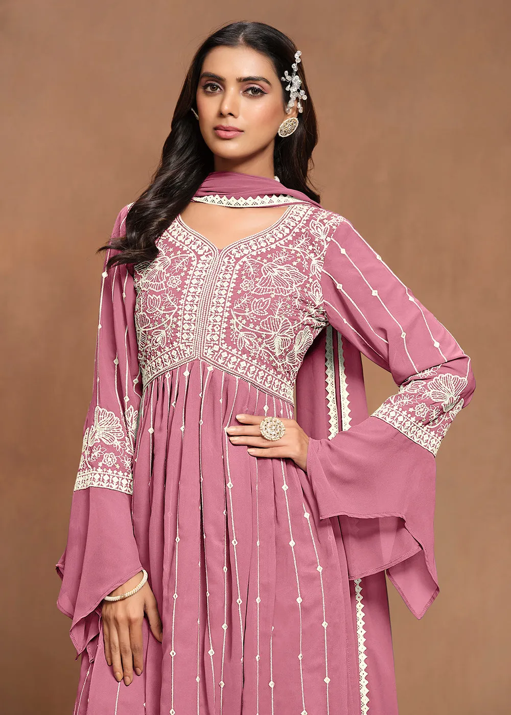 Georgette Puce Pink Embroidered Festive Palazzo Suit