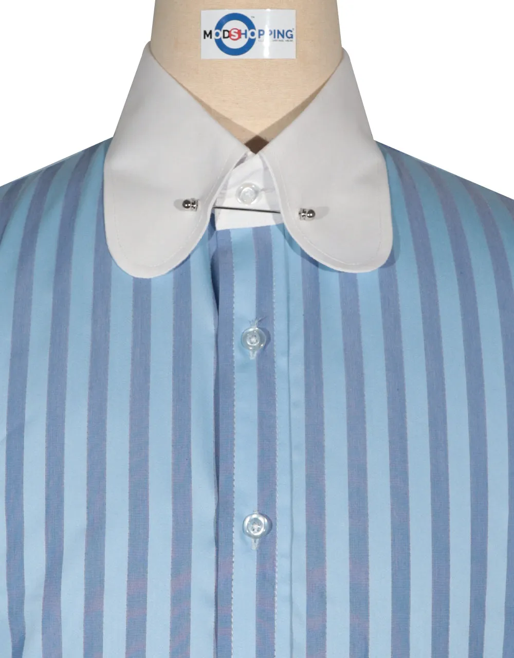 Penny Pin Collar Shirt - Sky Blue and Navy Blue Stripe Shirt