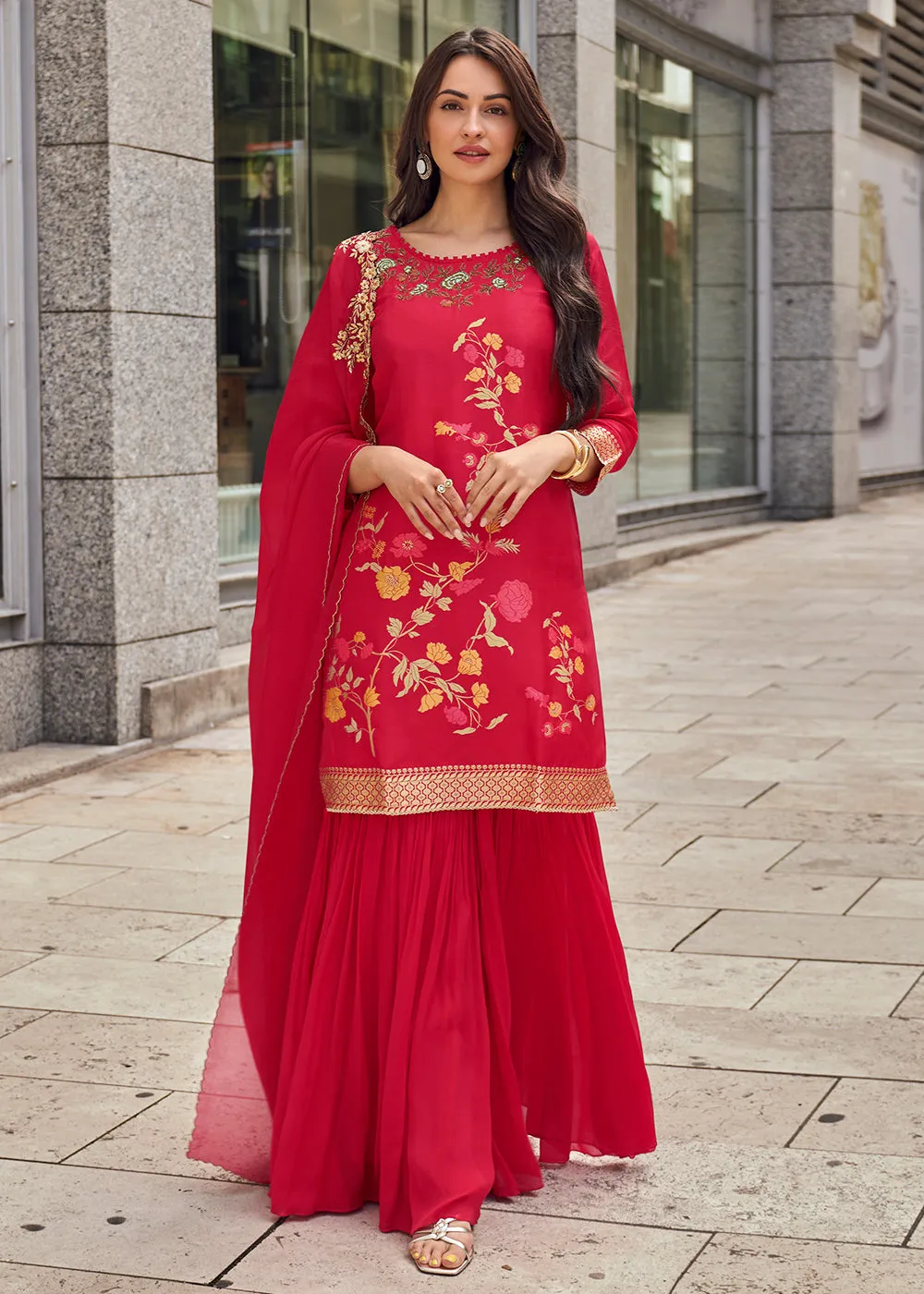 Pink Viscose Jacquard Silk Festive Style Sharara Suit
