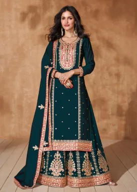 Prussian Blue Premium Silk Designer Palazzo Style Suit